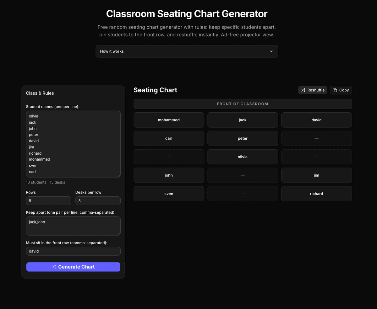 Seating chart with keep-apart rules applied