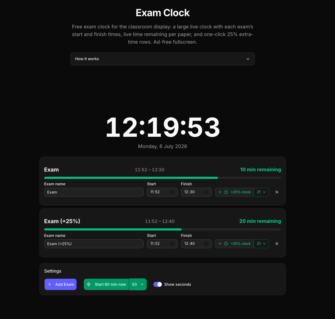 The exam clock: a large live clock with per-exam countdowns