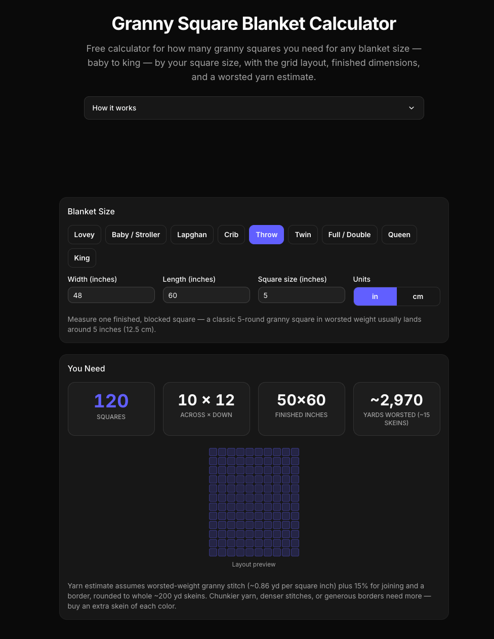 The granny square blanket calculator with grid preview