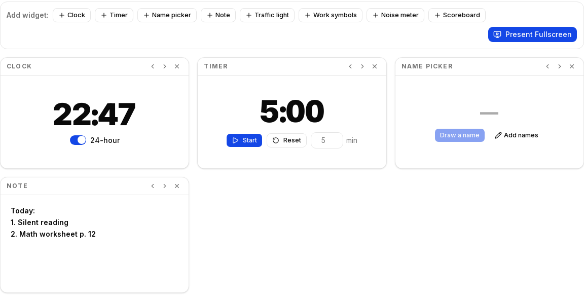 The classroom screen: clock, timer, name picker and agenda note on one board
