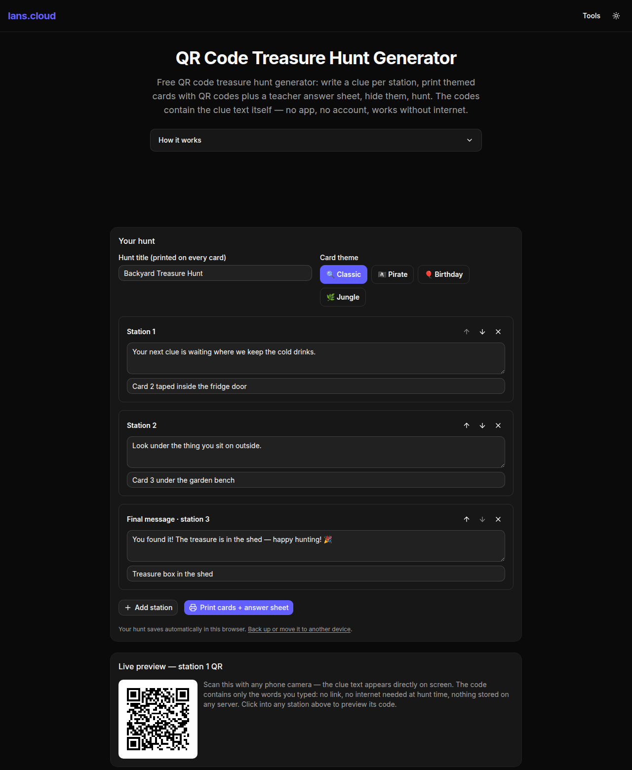 The QR treasure hunt generator with three stations and a live code preview